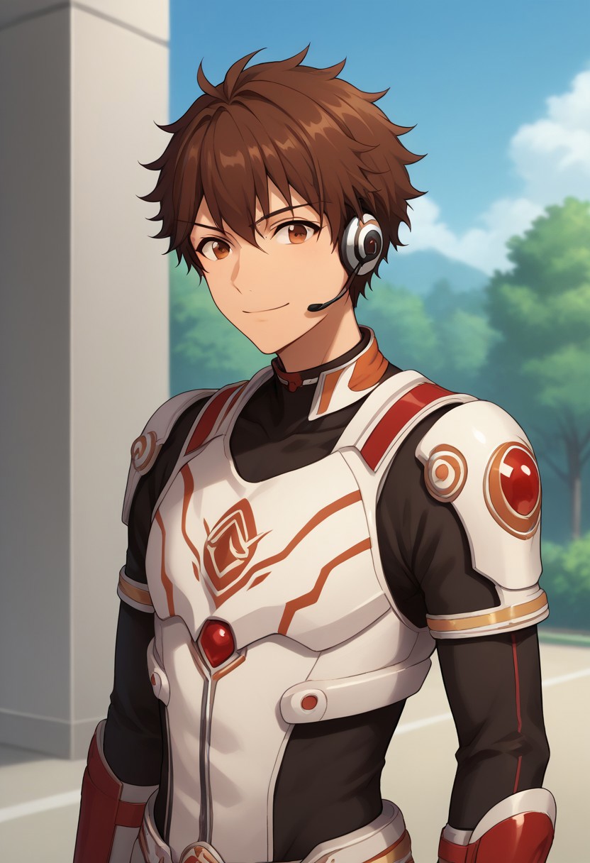 score_9, score_8_up, score_7_up, source_anime, highly detailed, 
chiaki, 1boy, male focus, brown hair, solo, smile, brown eyes, gloves, bodysuit, leader uniform, armor, headset,
outdoor, upper body,