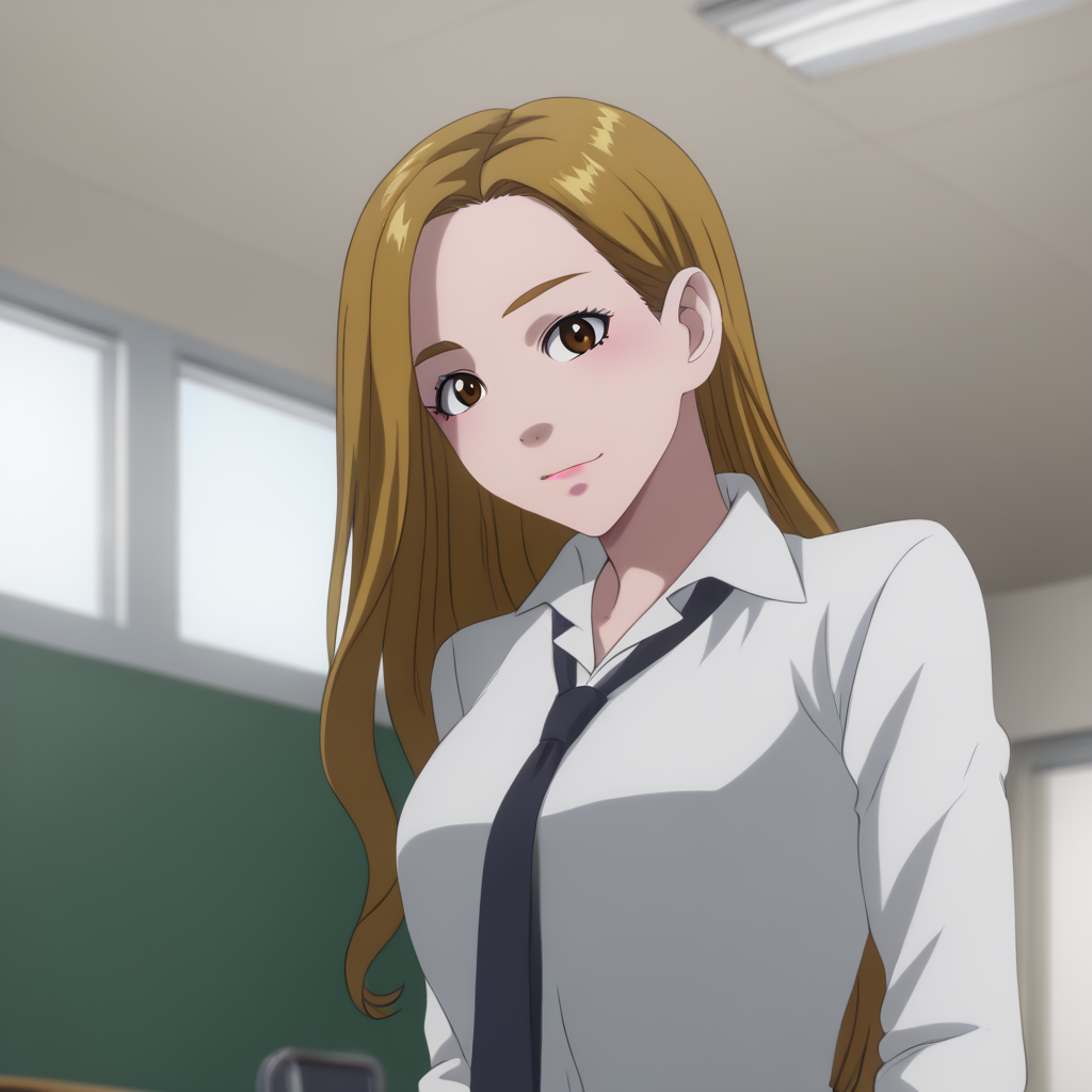 <lora:SlimesRumi:1>, slimes_rumi, woman, solo, classroom background