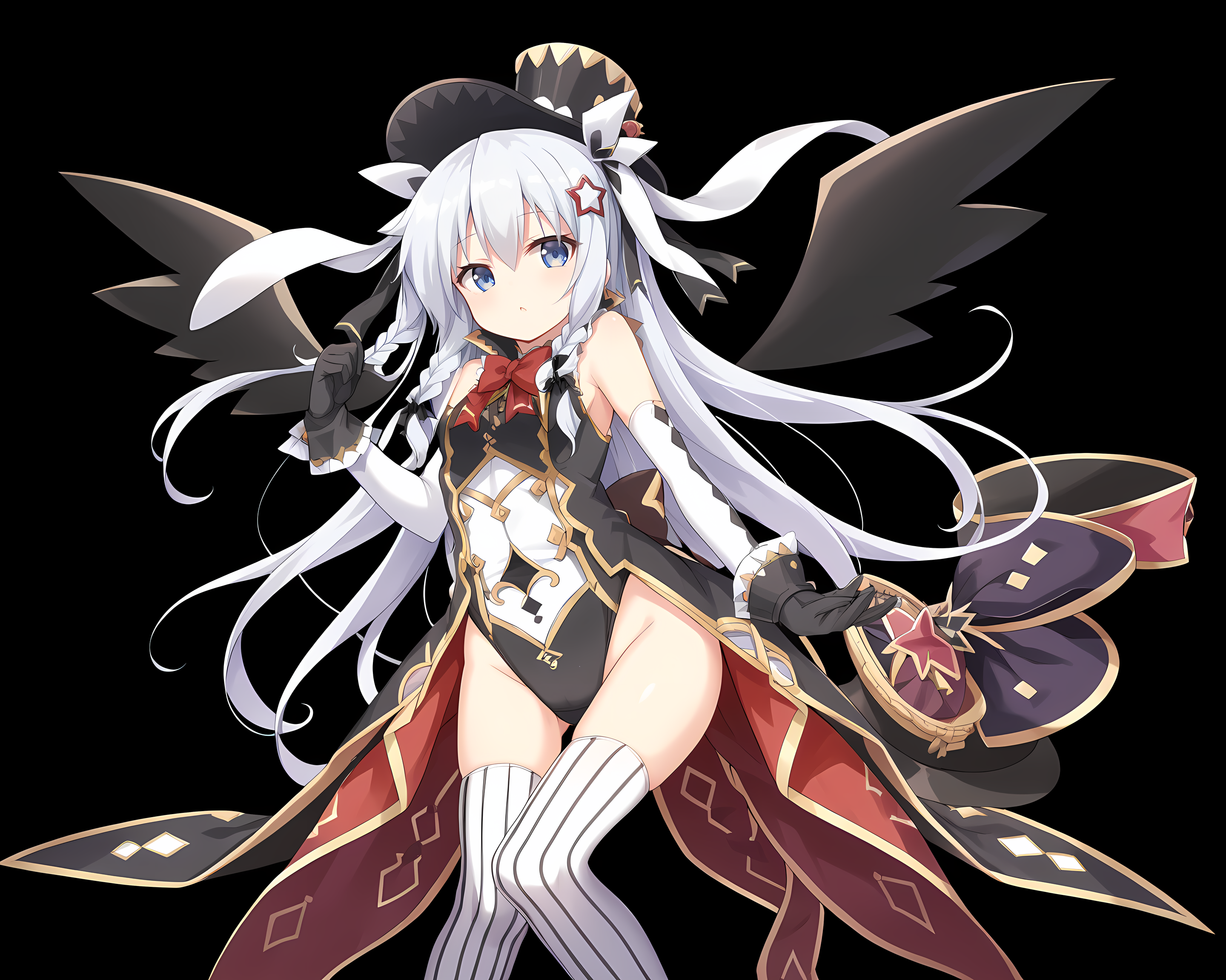 sonya, eushully, 1girl, solo, thighhighs, gloves, long hair, hat, braid, asymmetrical legwear, looking at viewer, star (symbol), black gloves, striped, vertical stripes, black background, elbow gloves, blue eyes, leotard, vertical-striped thighhighs, hair ornament, ribbon, simple background, striped thighhighs, wings, mismatched legwear, bow, rabbit ears, hair between eyes, top hat, hair ribbon, bare shoulders,<lora:Sonya_-_Sankai_Ou_no_Yubiwa_-_ã¨ã¦ã·ã¥ãªã¼_çæµ·çã®åç°_-_Eushully:0.8>, score_9, score_8_up, score_7_up,source_anime,(masterpiece),(best quality),(ultra-detailed),(best illustration),(best shadow),(absurdres),(detailed background),(very aesthetic),source_anime