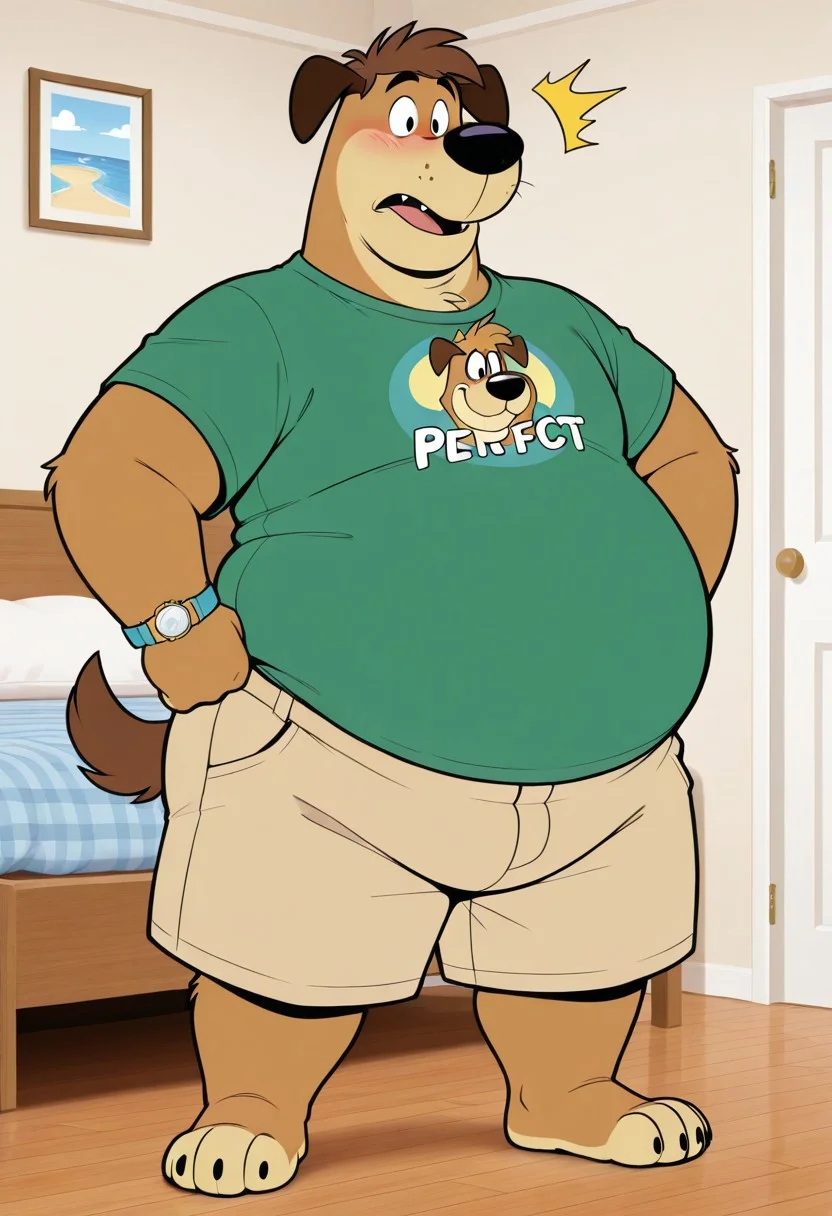masterpiece, best quality, amazing quality, 1boy, solo, Harold, canine, dog, anthro, ((light brown/tan fur)), short dark brown hair, dark brown tail, black eyes, floppy ears, black nose, anthro, male, black pawpads, cartoon style, 2d, overweight male, perfect eyes, (((detailed eyes))), expressive eyes, ((fat, chubby, obese)), ((excessive obesity)),, bedroom, inside, high quality, detailed, digital art, masterpiece, full body,  ((green t-shirt, beige shorts, watch on left wrist)), big butt, ((hands on hips, blush, surprised expression, shocked), vivid color, detailed face, perfect face, masterpiece, absurdres, intricate detail, very aesthetic, ds0d, ((three-quarter view:1.3)),  ((3/4_view))