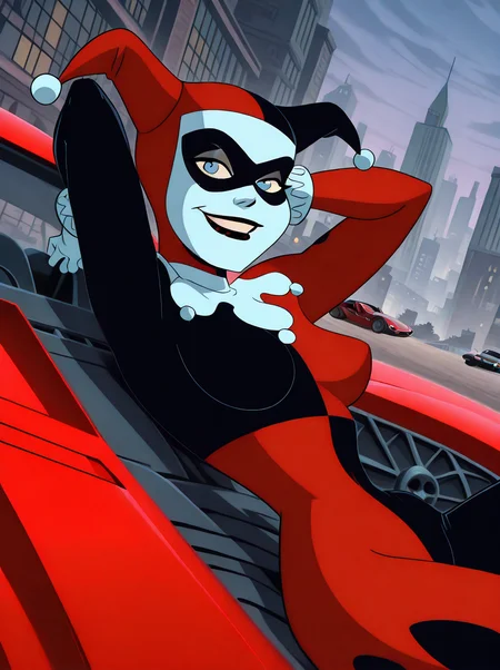 <lora:Harley_Quinn_-_Batman_Animated_Illustrious_v1:1.0>, h4rl3yqu1nn, jester bodysuit, <lora:On_Car_-_IL:0.8> c4rs1t, motor vehicle, ground vehicle, red sports car, from side, dutch angle, sitting, reclining, on back, arms behind head, cowboy shot, 1girl, outdoors, gotham city, looking at viewer, smile, <lora:dcau234-illu3_r1:0.4>, <lora:RealisticAnimeIXL:0.5>, 1girl, white facepaint, jester cap, domino mask, white gloves, blue eyes, black lipstick, large breasts