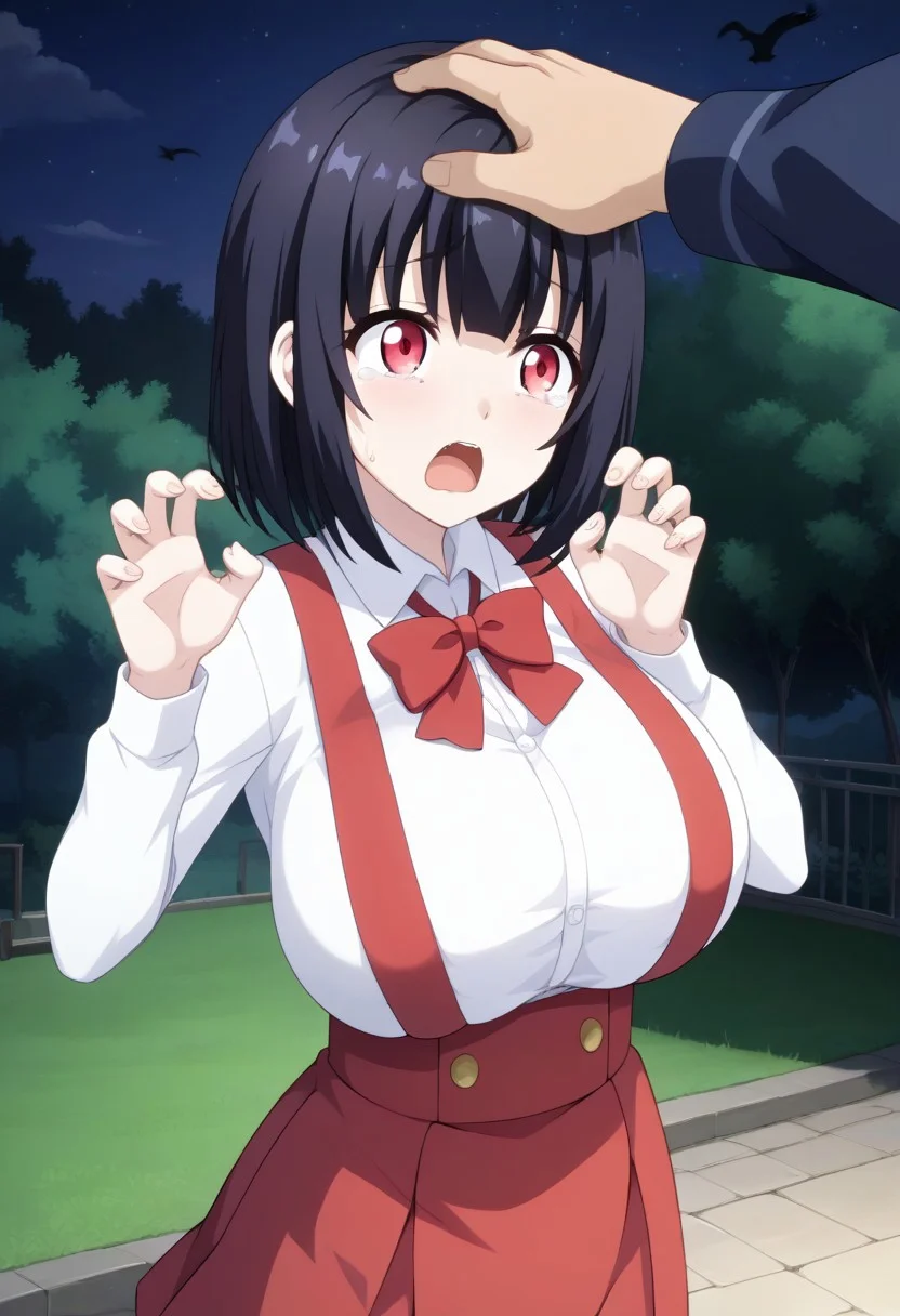 score_9,score_8_up,score_7_up,score_6_up, source_anime, BREAK,
(headpat, 2girl pov hands), (upper body shot),
Hiraki Hanako, solo, 1girl, (huge breasts), pale skin, short hair, black hair, bangs, red eyes, fangs, school uniform, collared shirt, white shirt, long sleeves, high-waist skirt, suspenders, red skirt, mini skirt, white socks, loafers,
surprised, (tears:1.2), (tear drops), looking up, crows pose,
outdoors, (at night:1.3),