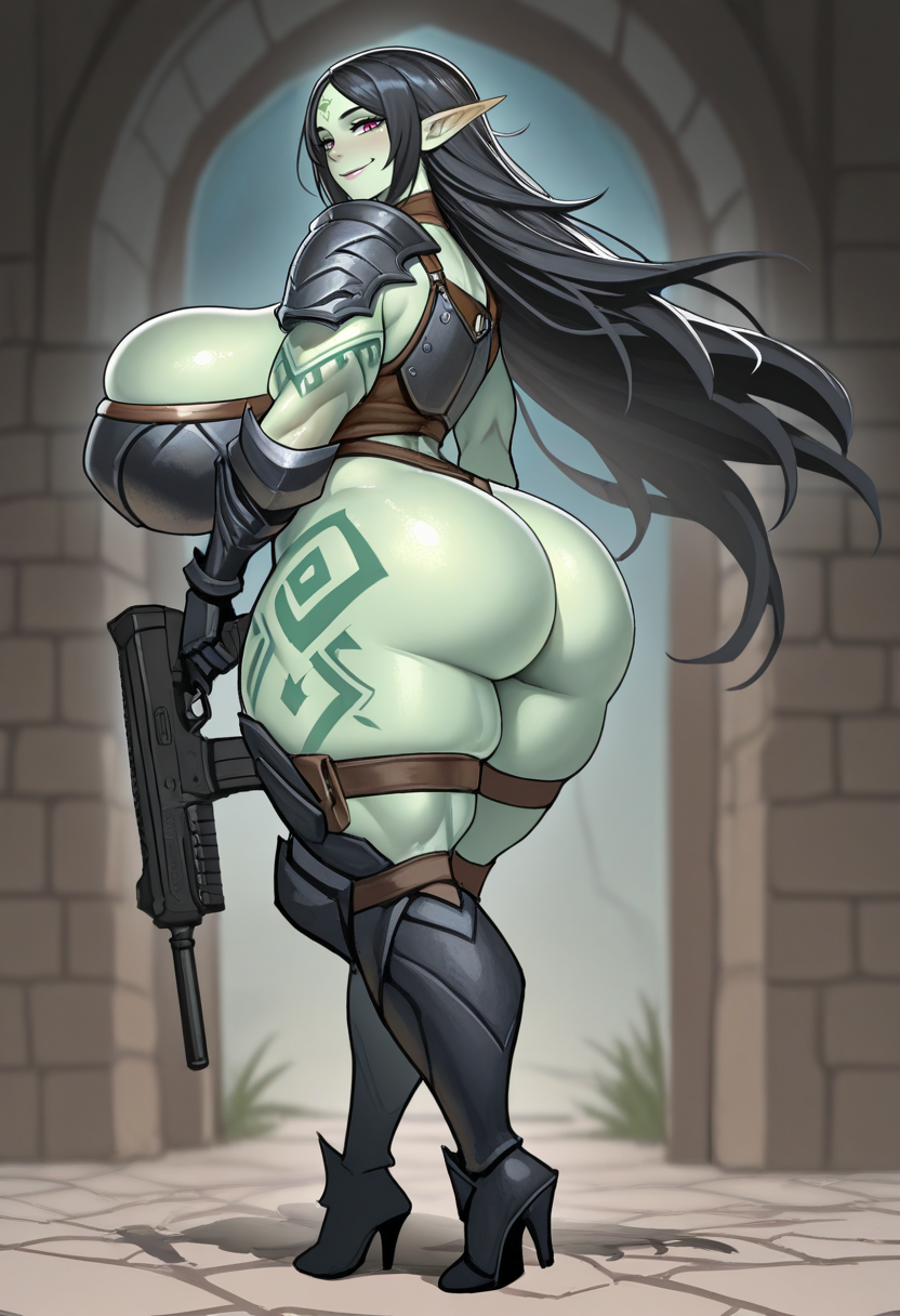 masterpiece, best quality, S4s4k1Nsfw, 
 <lora:69_Marshviolet8:1> 1girl, breasts, pointy ears, weapon, ass, colored skin, huge breasts, long hair, thick thighs, black hair, muscular, tattoo, thighs, armor, holding weapon, smile, gigantic breasts, high heels, holding, standing, looking at viewer, full body
