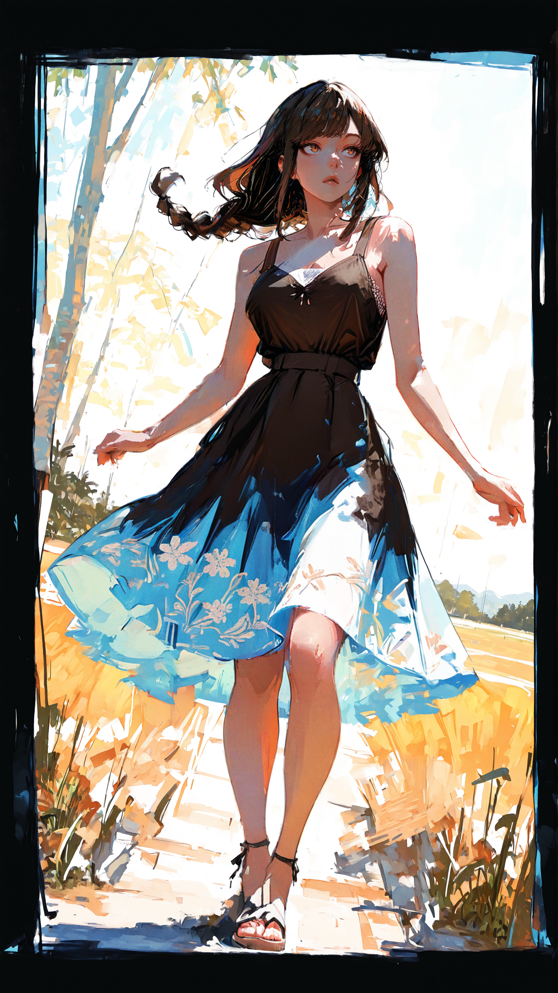 masterpiece, newest,absurdres,incredibly absurdres, best quality, amazing quality, very aesthetic, painterly, impressionism, 
1girl, field, dynamic pose, dutch angle, lone woman, trees, waist-length hair, straight with sharp layers, swept bangs, blunt sidelocks, twin braided strands framing face, subtle ombré from dark brown to copper, silky texture, elegant and dynamic style, curious, sleeveless blue maxi dress, floating fabric, warm light blue base with floral embroidery, fitted waist with ribbon tie, V-neckline with lace trim, subtle ruffle hem, flat sandals,
 <lora:Face_Enhancer_Illustrious:1> <lora:96YOTTEA-WAI:1> <lora:Forest_Decay_Style_ichi_sk:1>