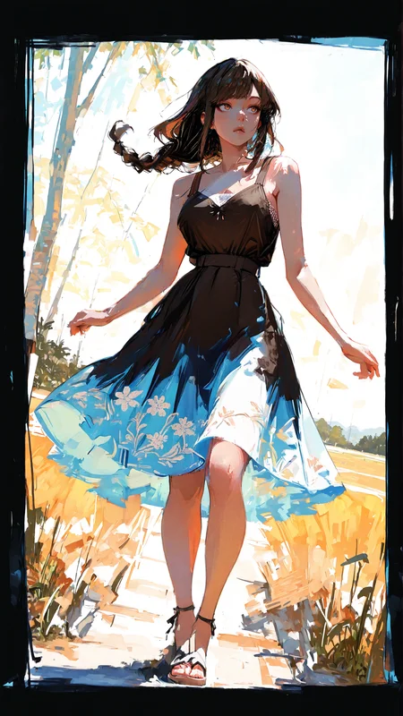 masterpiece, newest,absurdres,incredibly absurdres, best quality, amazing quality, very aesthetic, painterly, impressionism,
1girl, field, dynamic pose, dutch angle, lone woman, trees, waist-length hair, straight with sharp layers, swept bangs, blunt sidelocks, twin braided strands framing face, subtle ombré from dark brown to copper, silky texture, elegant and dynamic style, curious, sleeveless blue maxi dress, floating fabric, warm light blue base with floral embroidery, fitted waist with ribbon tie, V-neckline with lace trim, subtle ruffle hem, flat sandals,
<lora:Face_Enhancer_Illustrious:1> <lora:96YOTTEA-WAI:1> <lora:Forest_Decay_Style_ichi_sk:1>