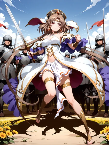 masterpiece,best quality,amazing quality,
1girl,solo,
<lora:yulia_ilxl_v1.1>,yulia,red eyes,brown hair,very long hair,y_headdress,
y_clothes,earrings,jewelry,bare shoulders,collarbone,purple ruffles,detached sleeves,dress,navel,thighlet,barefoot,
y_Sword,holding_sword,
<lora:Fixhands_anime_bdsqlsz_V1:1>,looking_at_viewer,fighting_stance,full body,serious BREAK flower,armor,holding weapon,holding,field,helmet,outdoors,army,soldier,solo focus,6+boys,battlefield,