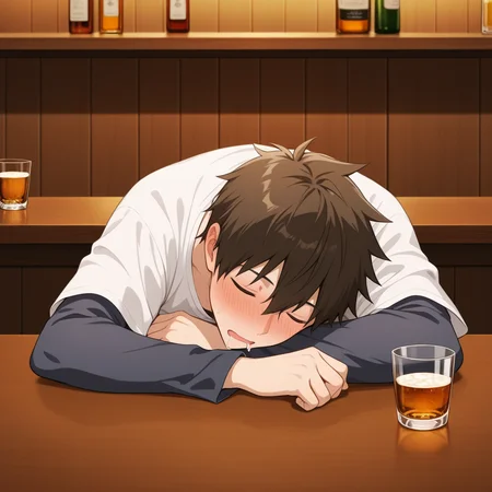 masterpiece,best quality,amazing quality,sakurai shin'ichi,1boy,solo,male focus,holding,sleeping,closed eyes,blush,drooling,drunk,open mouth,cup,blue and white shirt,layered sleeves,<lora:SakuraiShinichi_V2_noob-000010:1>,table,indoors,bar /(place/),alcohol,