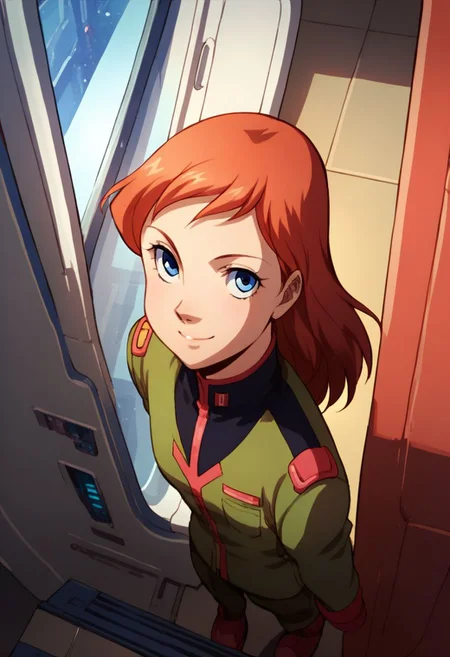 score_9, score_8_up, score_7_up, solo, 1girl, female focus, source_cartoon, 2D, solo, julie_power, red hair, blue eyes, flat chest, uniform, zeon officer, spacecraft interior, looking at viewer, smile, from above, full body