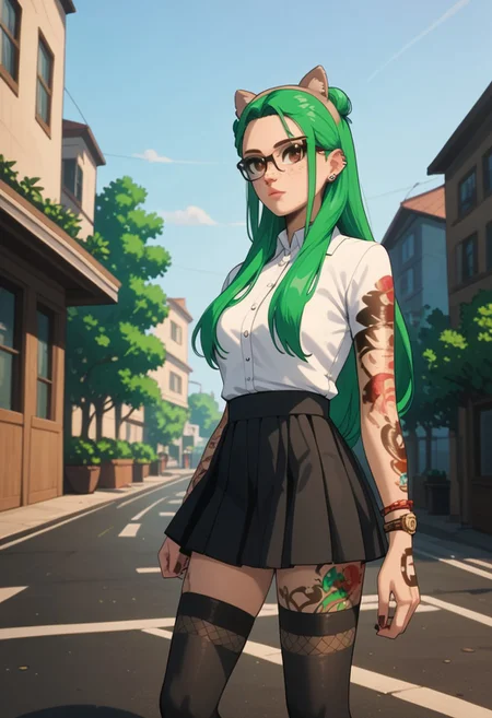ASCII score_9, score_8_up, score_7_up, unlockedgreen, green hair, long hair, tattoo, skirt, double bun, thighhighs, fake tan cat ears, arm tattoo, glasses, brown eyes, freckles,