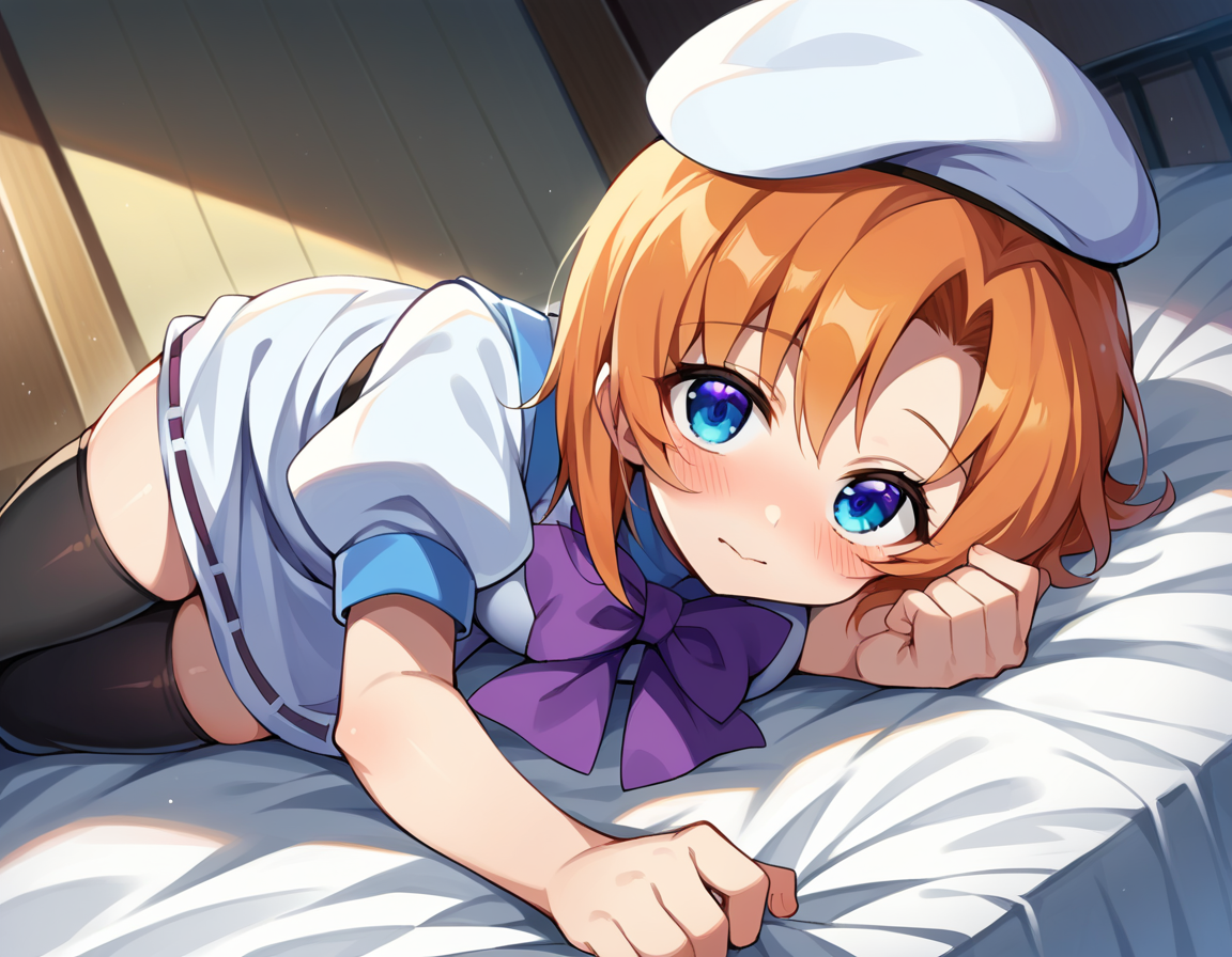 score_9, score_8_up, score_7_up, source_anime,
renaryuuguu, <lora:rena-ryuuguu-ponyxl-lora-nochekaiser:1>,
rena ryuuguu, orange hair, short hair, blue eyes,
beret, black thighhighs, bow, bowtie, dress, hat, puffy short sleeves, puffy sleeves, purple bow, purple bowtie, short sleeves, thighhighs, white dress, zettai ryouiki,
indoors, bed, bed room, on side, blush, drunk,
looking at viewer, dutch angle, cowboy shot,