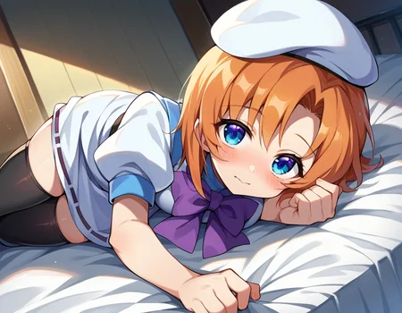 score_9, score_8_up, score_7_up, source_anime,
renaryuuguu, <lora:rena-ryuuguu-ponyxl-lora-nochekaiser:1>,
rena ryuuguu, orange hair, short hair, blue eyes,
beret, black thighhighs, bow, bowtie, dress, hat, puffy short sleeves, puffy sleeves, purple bow, purple bowtie, short sleeves, thighhighs, white dress, zettai ryouiki,
indoors, bed, bed room, on side, blush, drunk,
looking at viewer, dutch angle, cowboy shot,