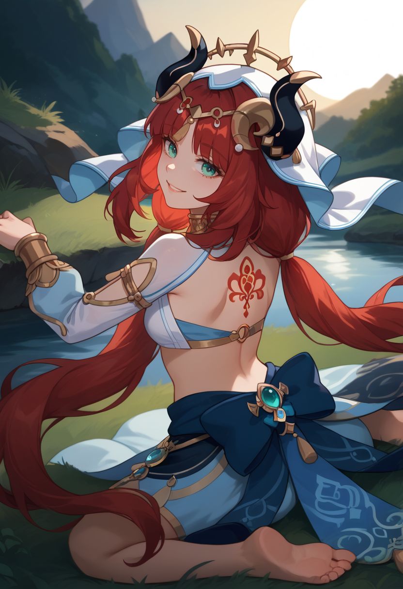score_9, score_8_up, score_7_up, source_anime, 1girl, niloudef, red hair, long hair, aqua eyes, parted bangs, low twintails, medium breasts, fake horns, circlet, white headwear, white veil, jewelry, neck ring, harem outfit, detached sleeves, puffy long sleeves, crop top, gold trim, blue skirt, brooch, bracer, thighlet, vision \(genshin impact\), from behind, back, back tattoo, looking back, wariza, kneeling, smile, looking at viewer, outdoors, lake, sun, grass, cowboy shot, <lora:Nilou_v1-000007:1>