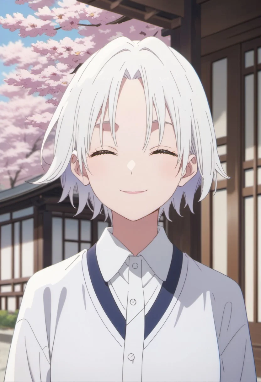 score_9, score_8_up, score_7_up, source_anime, tsuruyama shirahi, short hair, white hair, blue eyes, 1girl, solo, closed eyes, smile, shirt, facing viewer, white shirt, cherry blossoms, collared shirt, closed mouth, outdoors, tree