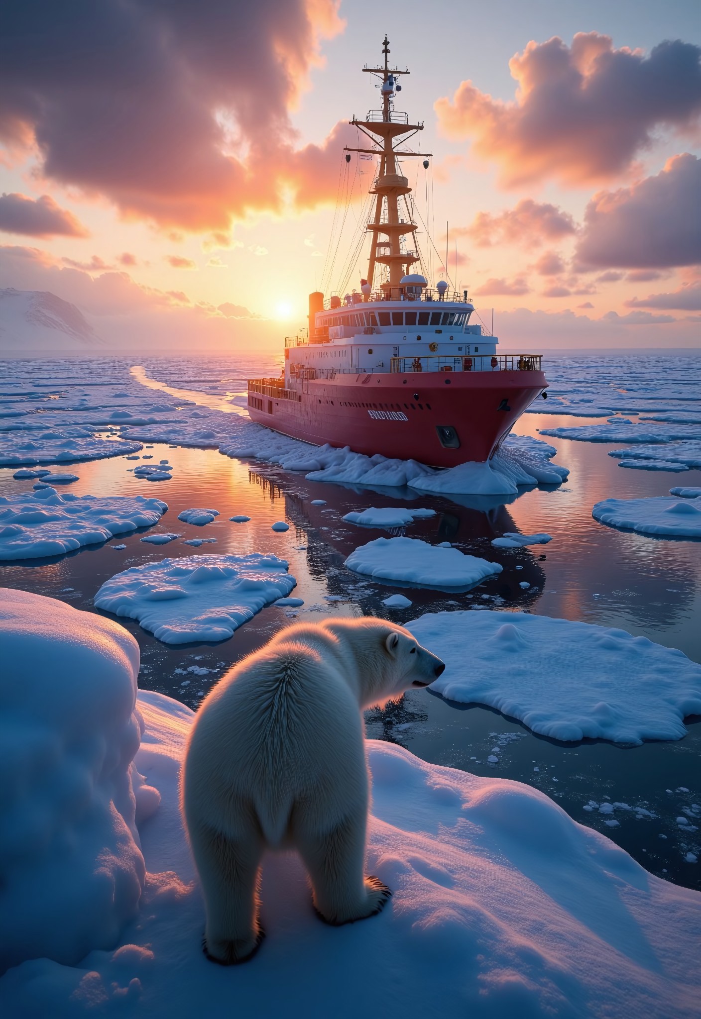 aidmaimageupgrader, a high quality digital image of intricately detailed icebreaker clearing a path through a frozen sea, the sun is setting, a curious polar bear watches on