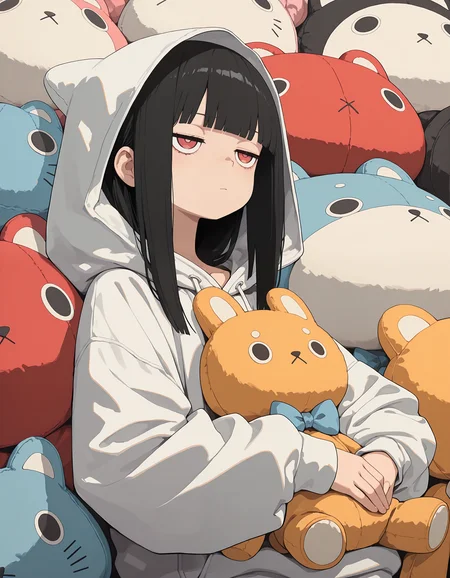 incredibly absurdres, highres, masterpiece, newest,best quality, very aesthetic, absurdres, newest,S4bit4mago_illu, anime style, 1girl, hood, black hair, solo, stuffed toy, white hoodie, hoodie, bangs, jitome, red eyes, blunt bangs, stuffed animal, long hair,<lora:S4bit4mago-000010:1>