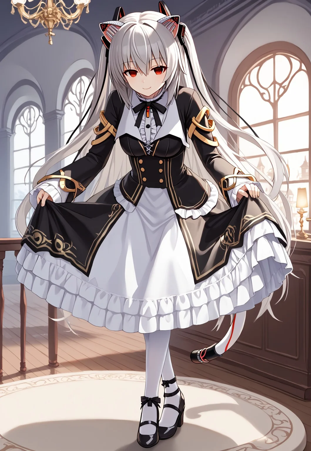 1girl, solo, NoraCat1, red eyes, mechanical ears, cat ears, two side up, bangs, hair between eyes, grey hair, very long hair, white hair,
black dress, long sleeves, frills, wide sleeves, neck ribbon, black ribbon, sleeves past wrists, patterned clothing, mechanical tail, cat tail, white pantyhose, black footwear,
smile, closed mouth,
indoors, night, window, chandelier, backlighting, skirt hold bowing, crossed legs, leaning forward,