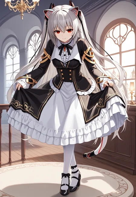 1girl, solo, NoraCat1, red eyes, mechanical ears, cat ears, two side up, bangs, hair between eyes, grey hair, very long hair, white hair,
black dress, long sleeves, frills, wide sleeves, neck ribbon, black ribbon, sleeves past wrists, patterned clothing, mechanical tail, cat tail, white pantyhose, black footwear,
smile, closed mouth,
indoors, night, window, chandelier, backlighting, skirt hold bowing, crossed legs, leaning forward,