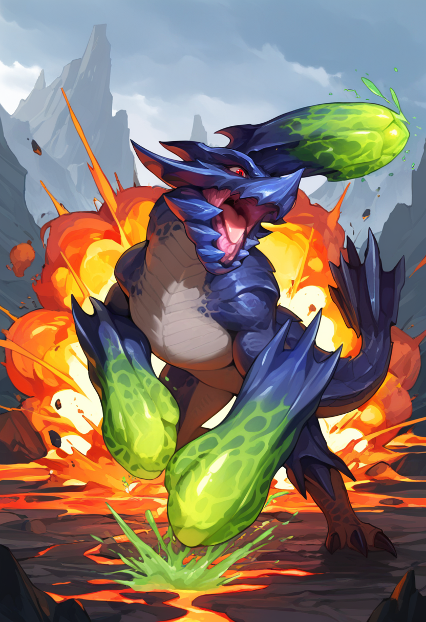 <lora:MH_Brachydios_a1_1_NoobXL-eps:1>,<lora:EatSleep1111StyleSDXL11:0.7>,<lora:merrytailSDXLstyle:0.3>,eatsleep1111,merrytail,masterpiece,best quality,amazing quality,high quality,very aesthetic,absurdres,newest,shaded,digital media \(artwork\),depth of field,solo,mhbrdos,feral,detailed background,cave,lava,pose,red eyes,green slime,three-quarter portrait,action pose,open mouth,hand on ground,splash,explosion,