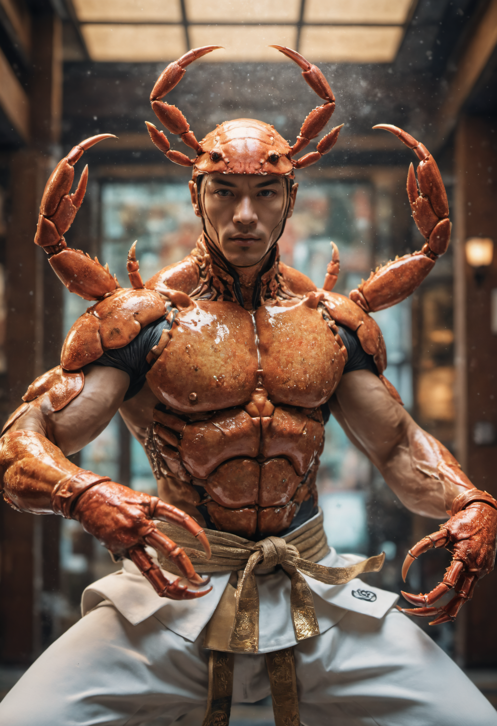 cinematic photo, [anime artwork::10], centered, martial artist  with crab DNA, resulting in a new character that embodies elements of both, dynamic pose, full body shot, hybrid, double exposure art, background: dojo, depth of field,  full color,  photorealistic,  hyper realistic,  highly detailed,  pro vector,  bright colors,  shiny,  fractal details,  art by j.c. leyendecker  <lora:xl_more_art-full_v1:0.5> . 35mm photograph, film, bokeh, professional, 4k, highly detailed