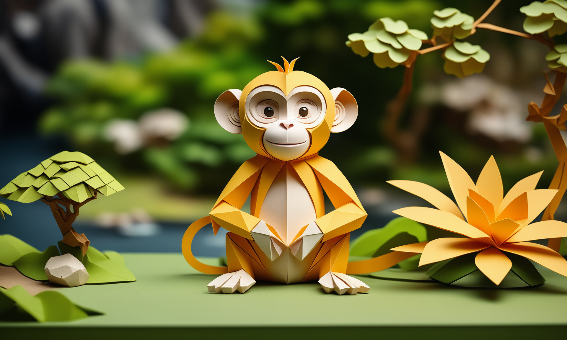 origami style <lora:papercarvingcd_xl-000005:0.6>,a handmade sculpture of a monkey made of papercarvingcd_xl in office scene,full body,scenery,tree,river,stone,lawn,miniature,tilt-shift,indoors,chinese zodiac,wooden table,cutie,cute,still life,animal statue,front view,facing viewer,looking at viewer,8K,HDR,UHD,masterpiece,best quality,highly detailed,high resolution,finely detail,extremely detailed,ultra detailed,wallpaper . paper art, pleated paper, folded, origami art, pleats, cut and fold, centered composition