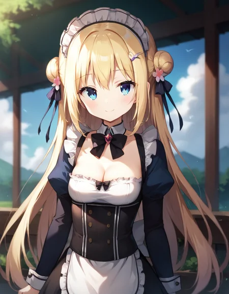 score_9,score_8_up,score_7_up,score_6_up BREAK official art,solo,outdoors,smile,upper body,(portrait:1.5),looking at viewer,facing viewer,Komari Yui,maid headdress,blonde hair,very long hair,double bun,hair flower,hair ornament,frills,sidelocks,bangs,blue eyes,maid,black bow,puffy detached sleeves,long sleeves,cleavage,small breasts,skirt,zettai ryouiki,black thighhighs,loafers,<lora:Komari Yui(ksak)-Pony>,<lora:Smooth Anime Style LoRA XL:0.8>,