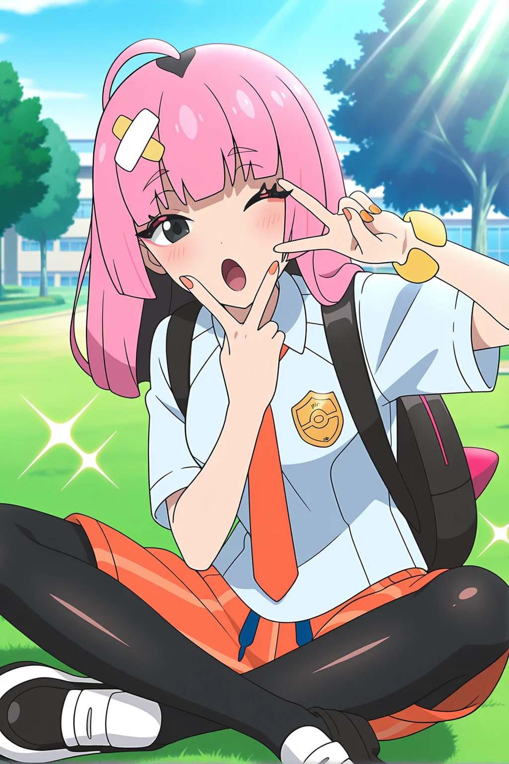 anime screencap, pokemon, pokemon horizons, coralmv, 1girl, solo, long hair, breasts, looking at viewer, blush, open mouth, shirt, hair ornament, sitting, hair down, school uniform, white shirt, pink hair, ahoge, short sleeves, pantyhose, necktie, one eye closed, shorts, shoes, collared shirt, hand up, blunt bangs, black footwear, grass, tree, sunlight, blue sky, outdoors, school, striped clothes, nail polish, star, (symbol), bag, black eyes, black pantyhose, grey eyes, eyelashes, v, cosplay, sparkle, white footwear, backpack, pink nails, vertical-striped clothes, wrist scrunchie, indian style, pantyhose under shorts, black bag, orange necktie, orange nails, orange shorts, striped shorts, naranja academy school uniform, v over mouth, vertical-striped shorts, fingernails, coral \(pokemon\)
<lora:Coral_2outf:1>