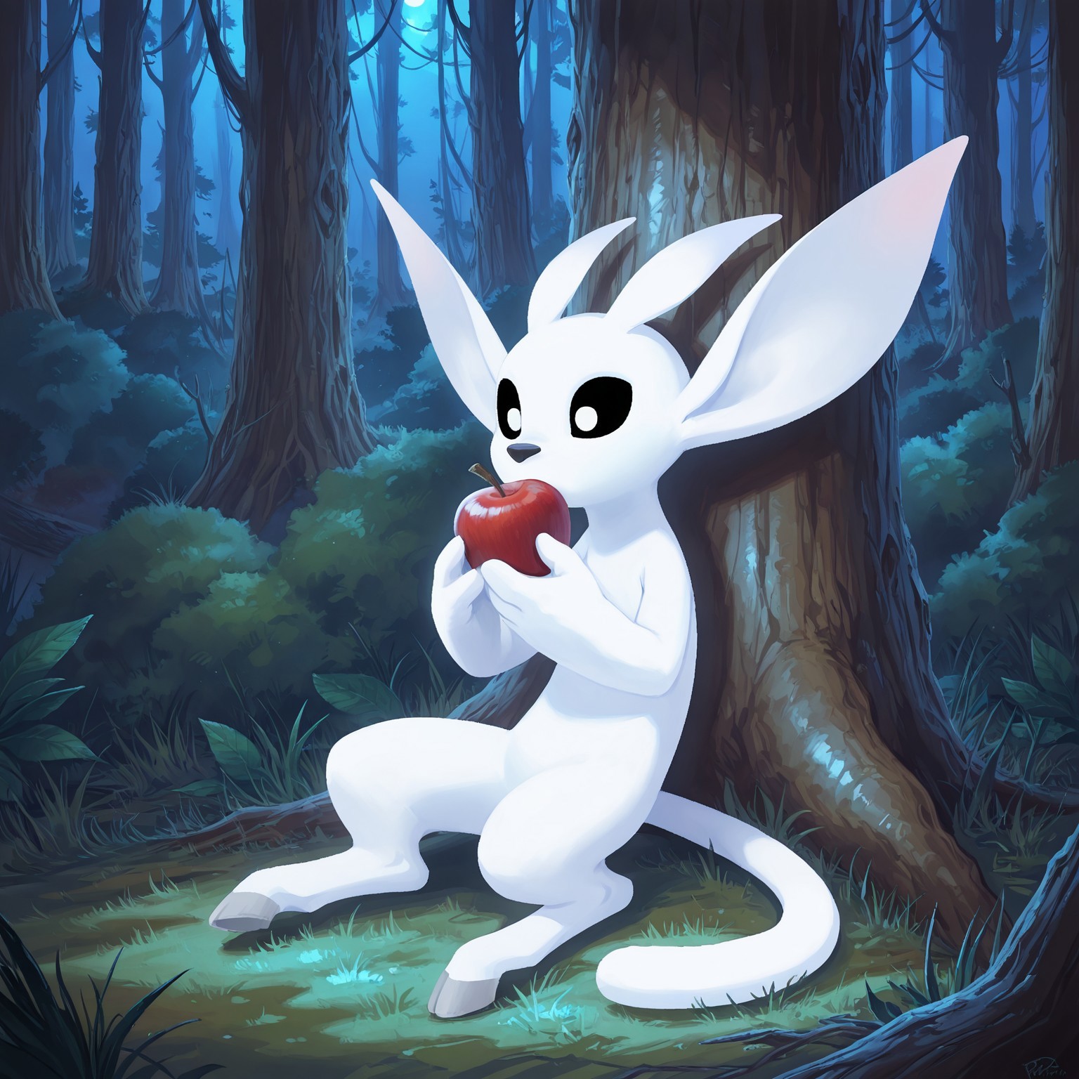 2d, Solo, 1boy, Ori, creature, bipedal, digitigrade, black nose, white body, black sclera, white eyes, large ears, tail, white antennae, white hooves

BREAK outside, outdoors, grass, bushes, leaves, forest, holding apple, sitting, against tree, night, 

BREAK best quality, amazing quality, very aesthetic, absurdres, newest, masterpiece  