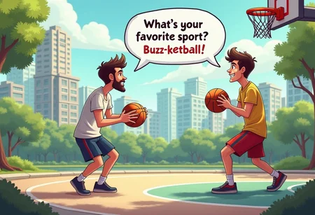 (realistic) a man playing basketball against another man in a little place near a park, in the background a big city.
The man says in a speech bubble "What’s your favorite sport?" and the other man answer "Buzz-ketball!"