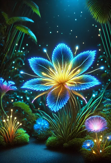 score_9, score_8_up, score_8, masterpiece, high detailed, very detailed, HD, best quality, hyper detailed, ultra detailed, super realistic, close-up, macro 100mm, macro photography,
incredibly beautiful Bioluminescent flowers in bright and saturated colors. Let it be a magical garden filled with exotic plants and bright buds. Add a soft light that creates an atmosphere of calm and harmony. Include a variety of shapes and textures of colors to emphasize their beauty and uniqueness. The background can be blurred to focus on the colors.
dynamic angle, dynamic lighting,