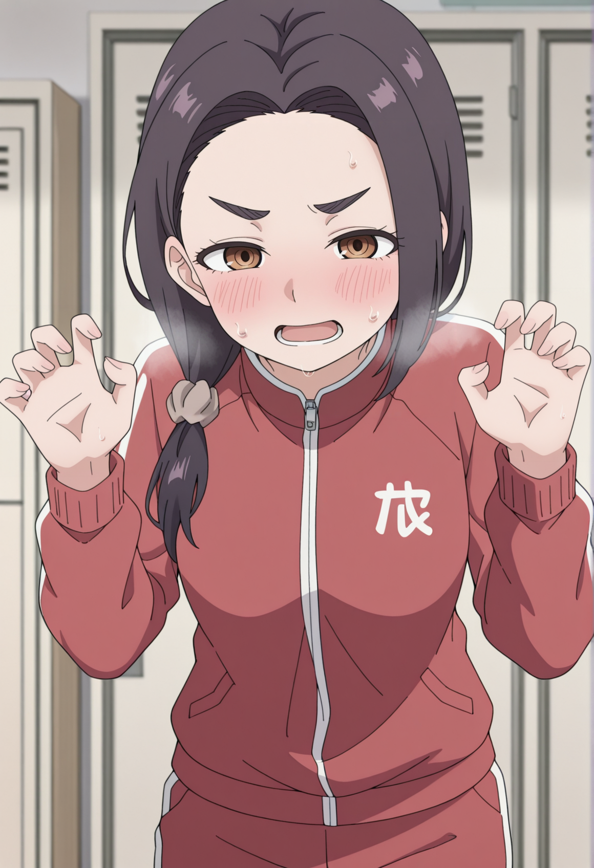 1girl, black hair, brown eyes, thick eyebrows, long hair, low ponytail, scrunchie, track suit, indoors, female pervert, locker room, blush, sweat, claw pose, looking at viewer, heavy breathing,   <lora:Mari_otome_kai:1>, masterpiece, best quality, amazing quality, very aesthetic, absurdres, highres, newest