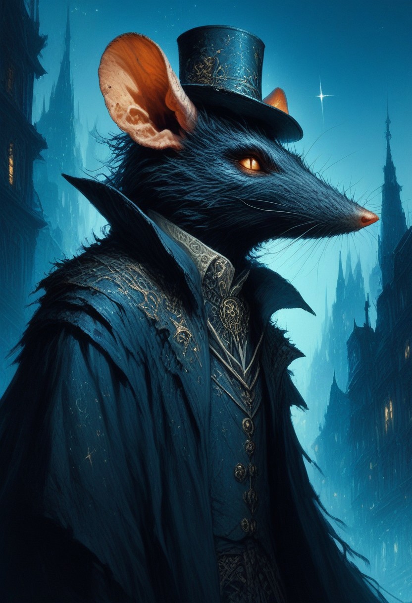BREAK score_9, score_8_up, score_7_up,  night time, city, ominous, rat, top hat, cloak, smug
(masterpiece, best quality, ultra detailed, intricate details:1.2), (detailed face:1.1), (rat folk:1.5) <lora:RPGRatFolkXL:1>