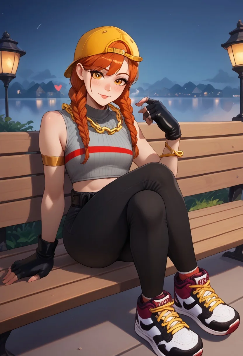 source_anime, score_9,score_8_up, score_7_up,score_6_up, ,AuraFN, girl, long orange braids, gray top, black pants, belt, gold chain, bracers, yellow cap, fingerless gloves, navel, sneakers, cute blush, flirting, night city, sitting, on bench, crossed legs, under the umbrella, fog on the background