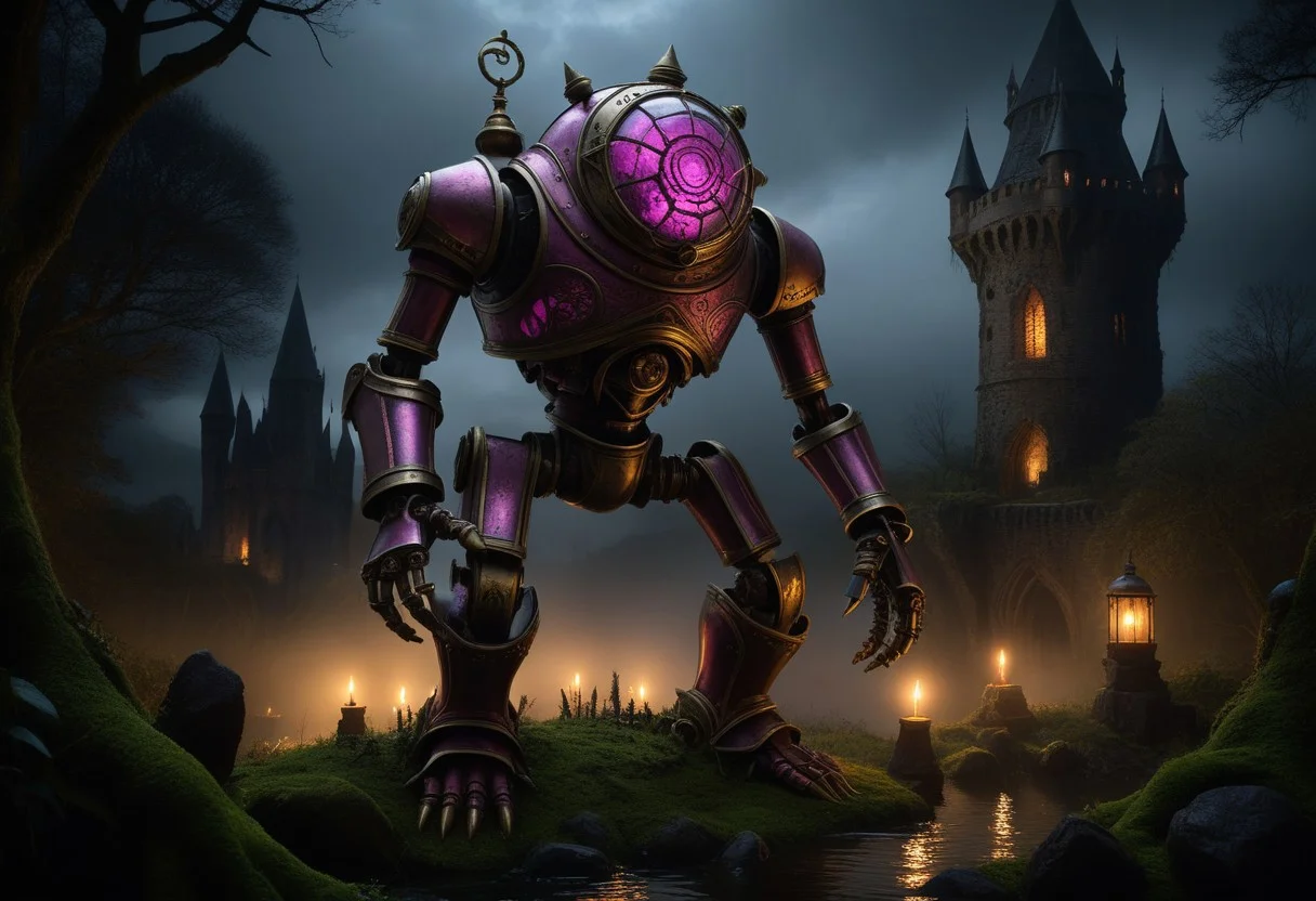 giant bipedal robot brass and dark pink striped paint, bronze paisley robot. lacy robot metal. glass jar helmet torso head. outside of a steampunk keep. large detailed torso. dark image. one forty foot tall ancient robot with great arms and two heavy spring legs. dark foggy night background. $dark foggy night image only. dark photo realistic image. steampunk details. cogs, chains and pipes incorporated in the fantasy buildings. magic wizards tower in background. Dark swamp, moss, castle ruins, wizards tower. stormy dark night. stormy sky. rain