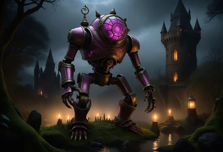 giant bipedal robot brass and dark pink striped paint, bronze paisley robot. lacy robot metal. glass jar helmet torso head. outside of a steampunk keep. large detailed torso. dark image. one forty foot tall ancient robot with great arms and two heavy spring legs. dark foggy night background. $dark foggy night image only. dark photo realistic image. steampunk details. cogs, chains and pipes incorporated in the fantasy buildings. magic wizards tower in background. Dark swamp, moss, castle ruins, wizards tower. stormy dark night. stormy sky. rain