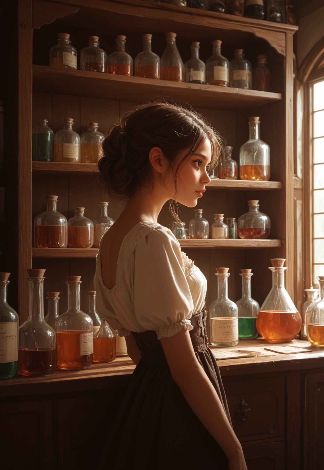 (((score_9, score_8_up, score_7_up, source_anime, girl leaning back on the cabinet)))
, 
((( masterpiece, )))
,
(((  )))
,
((( 1girl, solo, Beautiful)))
,
((( Indoors)))
,
((( Alcwormb, bottle, jar, shelf, ))) 
,
((( )))
,
((( )))
,
(((  )))
,
()