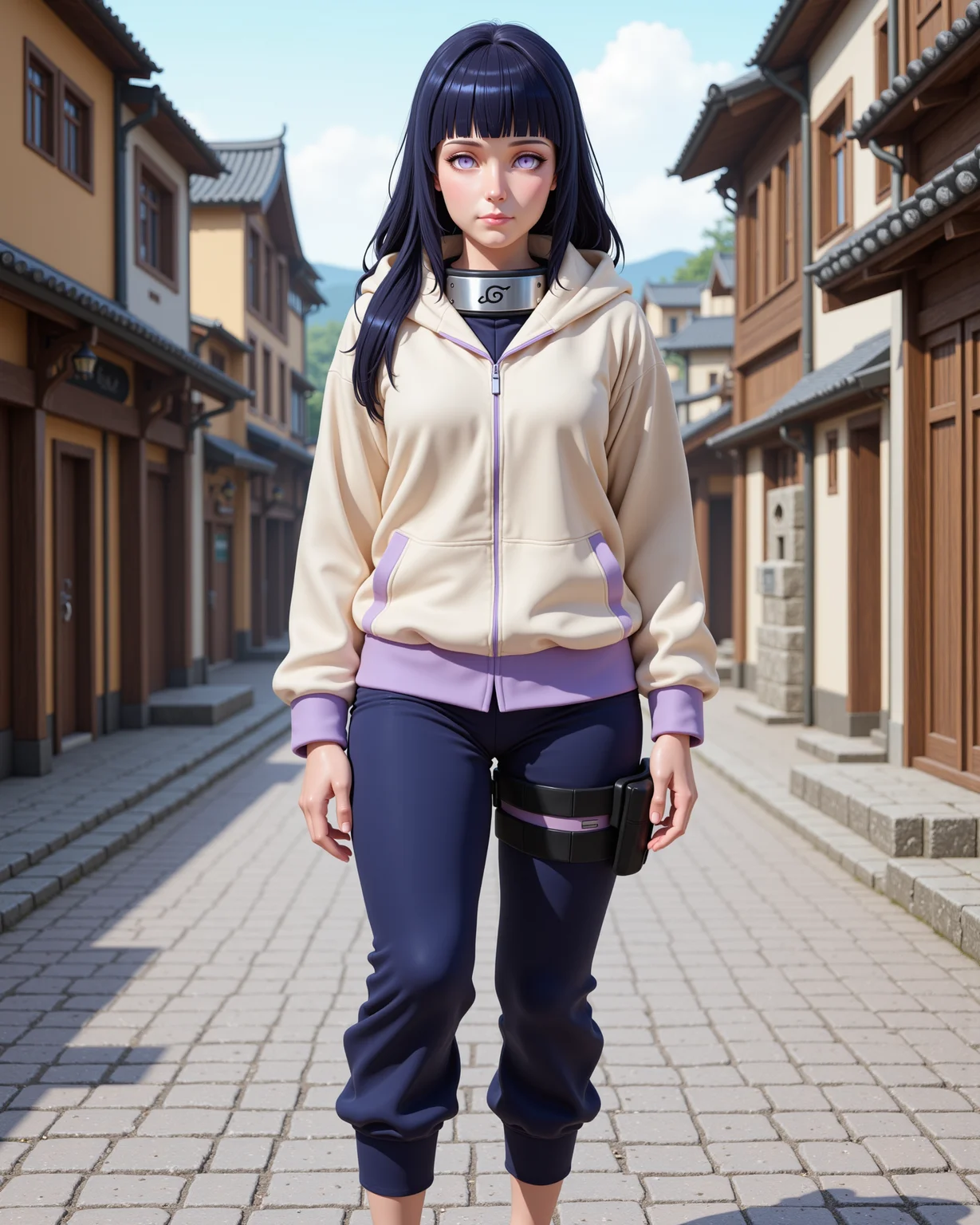 -looking at viewer, outdoors daylight, a 20 year old adult mature woman.
PhotoRealistic Style, front view photo of.
<lora:Naruto_-_Hinata_v2-000030:1> n-hinata, purple eyes, blunt bangs, black hair wearing cream hooded jacket with lavender accents, navy blue pants, blue ninja sandals, Konoha forehead protector
Upper Body view passport style