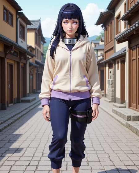 -looking at viewer, outdoors daylight, a 20 year old adult mature woman.
PhotoRealistic Style, front view photo of.
<lora:Naruto_-_Hinata_v2-000030:1> n-hinata, purple eyes, blunt bangs, black hair wearing cream hooded jacket with lavender accents, navy blue pants, blue ninja sandals, Konoha forehead protector
Upper Body view passport style