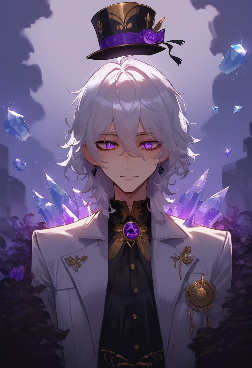 safe_pos, score_9, score_8_up, score_7_up, score_6_up, one anime style, boy, 20 year old, attractive, masterpiece, best quality, long messy hair, white hair, purple tux with top hat, clear purple eyes, high detailed eyes, ice shards, purple glow, neutral expression