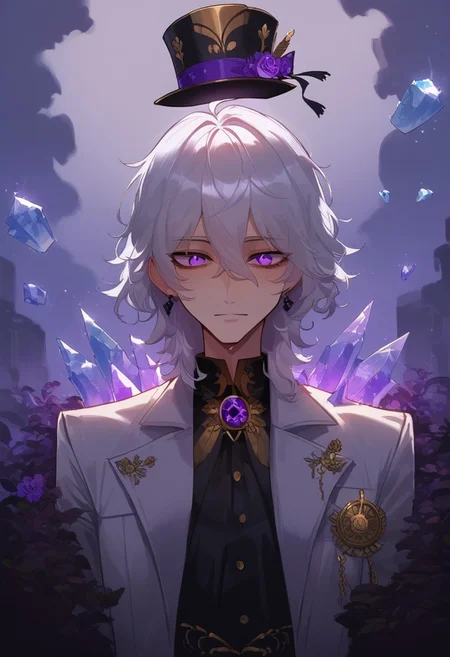 safe_pos, score_9, score_8_up, score_7_up, score_6_up, one anime style, boy, 20 year old, attractive, masterpiece, best quality, long messy hair, white hair, purple tux with top hat, clear purple eyes, high detailed eyes, ice shards, purple glow, neutral expression