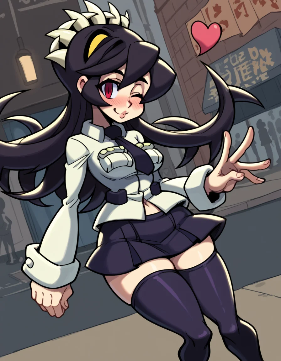 score_9, score_8_up, score_7_up, source_anime, <lora:skullgirls-filia-ingame-ponyxl-lora-nochekaiser:1>, filia, long hair, black hair, red eyes, prehensile hair, extra mouth, skirt, thighhighs, navel, school uniform, necktie, black thighhighs, miniskirt, zettai ryouiki,, street market, vendor, street food, bustling crowd, local flavor, vibrant, smile, <lora:blowing-kiss-ponyxl-lora-nochekaiser:1>, blowing kiss, pucked lips, heart, one eye closed, o3o, hand up, bed room, bed, blush, cowboy shot, dutch angle,, looking at viewer, solo,, dutch angle, cowboy shot