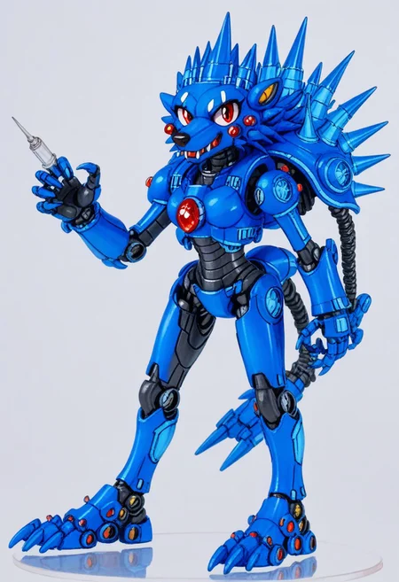 score_9, score_8_up, score_7_up, source_furry, source_anime, hari harry, friender, wolf, hedgewolf, megaman, megaman3, needle wolf, spikey shell, red eyes and gem (on body), claws, robotic, friender, hedgewolf, spike, spike head, spikey shell, robot, solo, (female:2), cowboy shot, looking at viewer, simple background, anthro, kind, calm, cute pose, full body