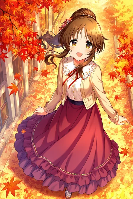 masterpiece,best quality,very aesthetic,absurdres,highres,newest,official art,official style,
1girl,solo,
takamori aiko,brown eyes,brown hair,long hair,sidelocks,
jacket,layered skirt,long skirt,long sleeves,neck ribbon,jacket,red ribbon,ribbon,shirt,skirt,white shirt,
<lora:eye_focus:1>,eye_focus,
maple leaf,leaf,
smile,standing,full body,open mouth,looking at viewer,
<lora:idolmaster_takamori_aiko_ill_v1.0:1>,