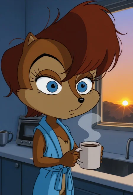 best quality, masterpiece, solo, sally acorn, (chibi:0.3), sleeveless blue jacket, bathrobe, messy hair, kitchen, sunrise, window, mug, coffee, (annoyed:0.5)