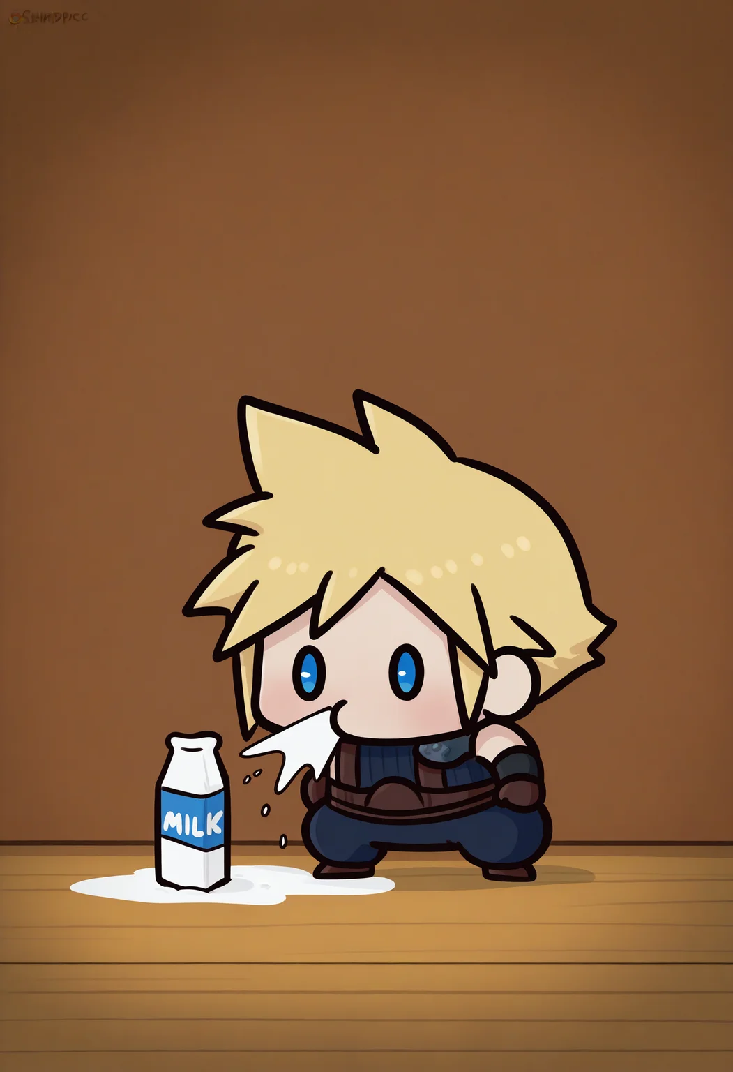masterpiece, best quality, newest, absurdres, highres, cloud strife, final fantasy, 1boy, blonde hair, blue eyes, phdpigeon, chibi, spit take, milk, full body, clothed,