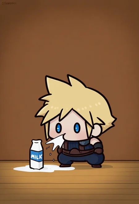masterpiece, best quality, newest, absurdres, highres, cloud strife, final fantasy, 1boy, blonde hair, blue eyes, phdpigeon, chibi, spit take, milk, full body, clothed,