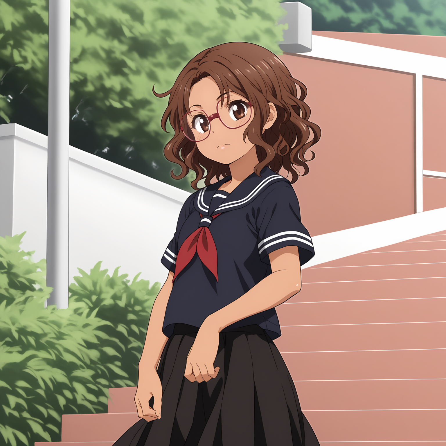 <lora:NBnSd_MariaSakaiXLpony001>,
solo,
MariaSakai,1girl,brown hair,wavy hair,medium hair,brown eyes,tan,
eyewear,
serafuku,black blue shirt,short_sleeves,
pleated_skirt,black skirt,
outdoors,
cowboy shot,