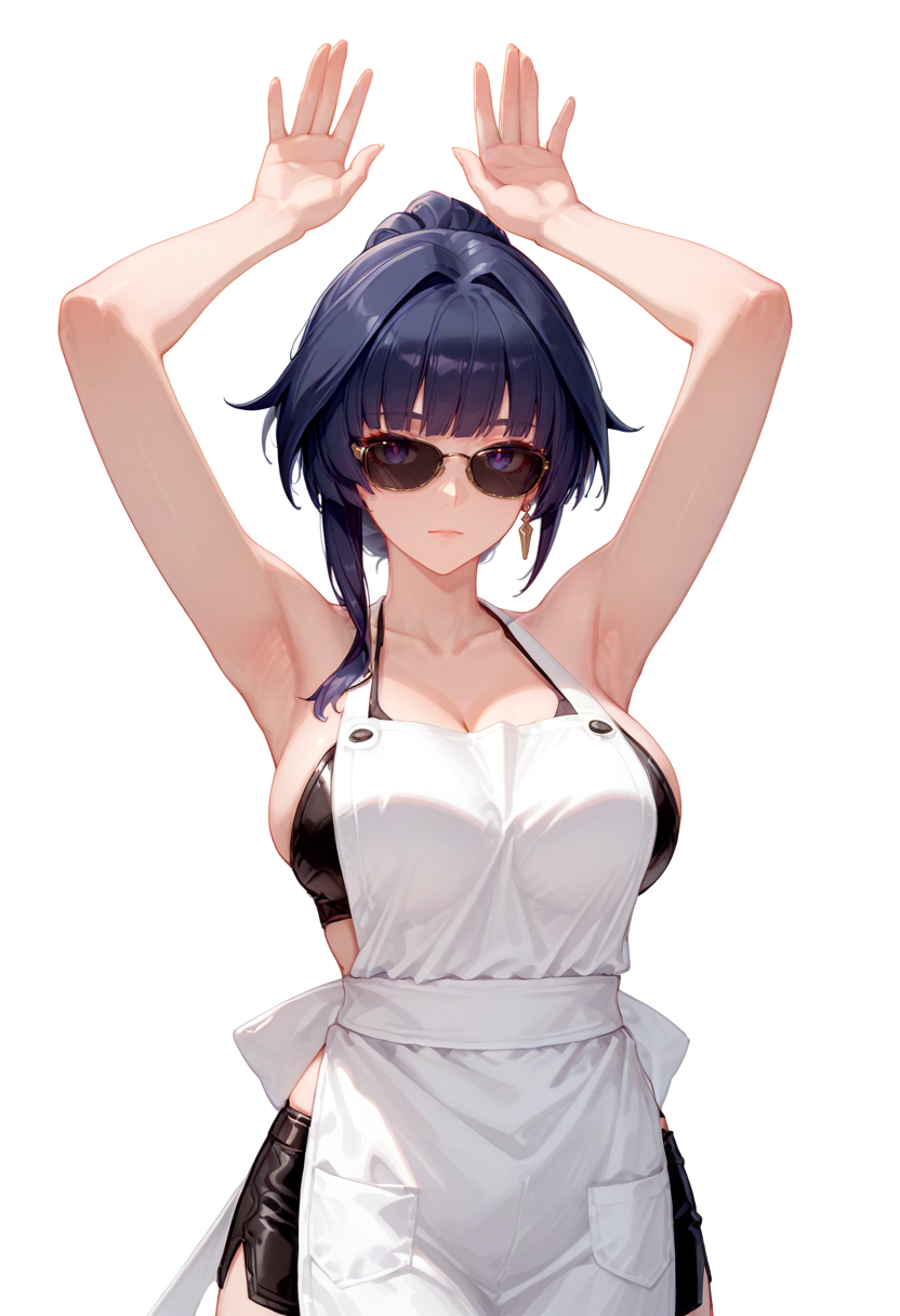 masterpiece, newest, absurdres, best quality, hires, 1girl, raiden mei, valkyrie bladestrike \(honkai impact\), white background, black sunglasses, arms up, open palms, apron