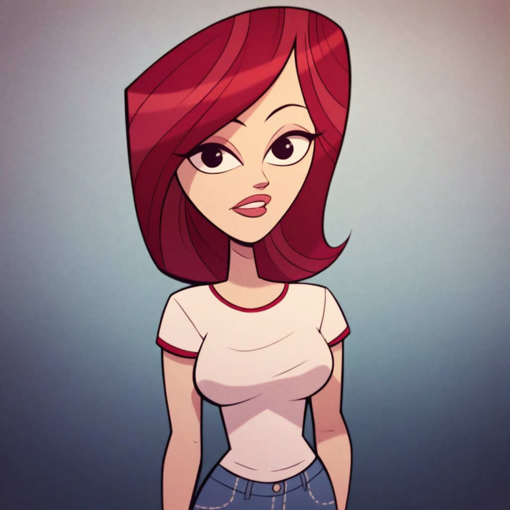 score_9,score_8_up,score_7_up, (masterpiece), best quality, expressive eyes, amazing quality, solo, 1girl, t-shirt, medium breasts, makeup, jeans,  black eyes, red hair,