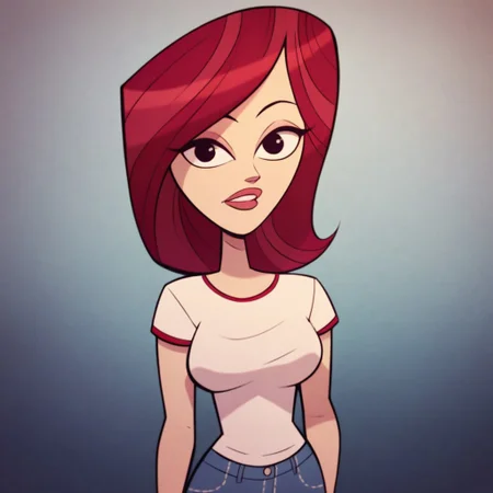 score_9,score_8_up,score_7_up, (masterpiece), best quality, expressive eyes, amazing quality, solo, 1girl, t-shirt, medium breasts, makeup, jeans,  black eyes, red hair,