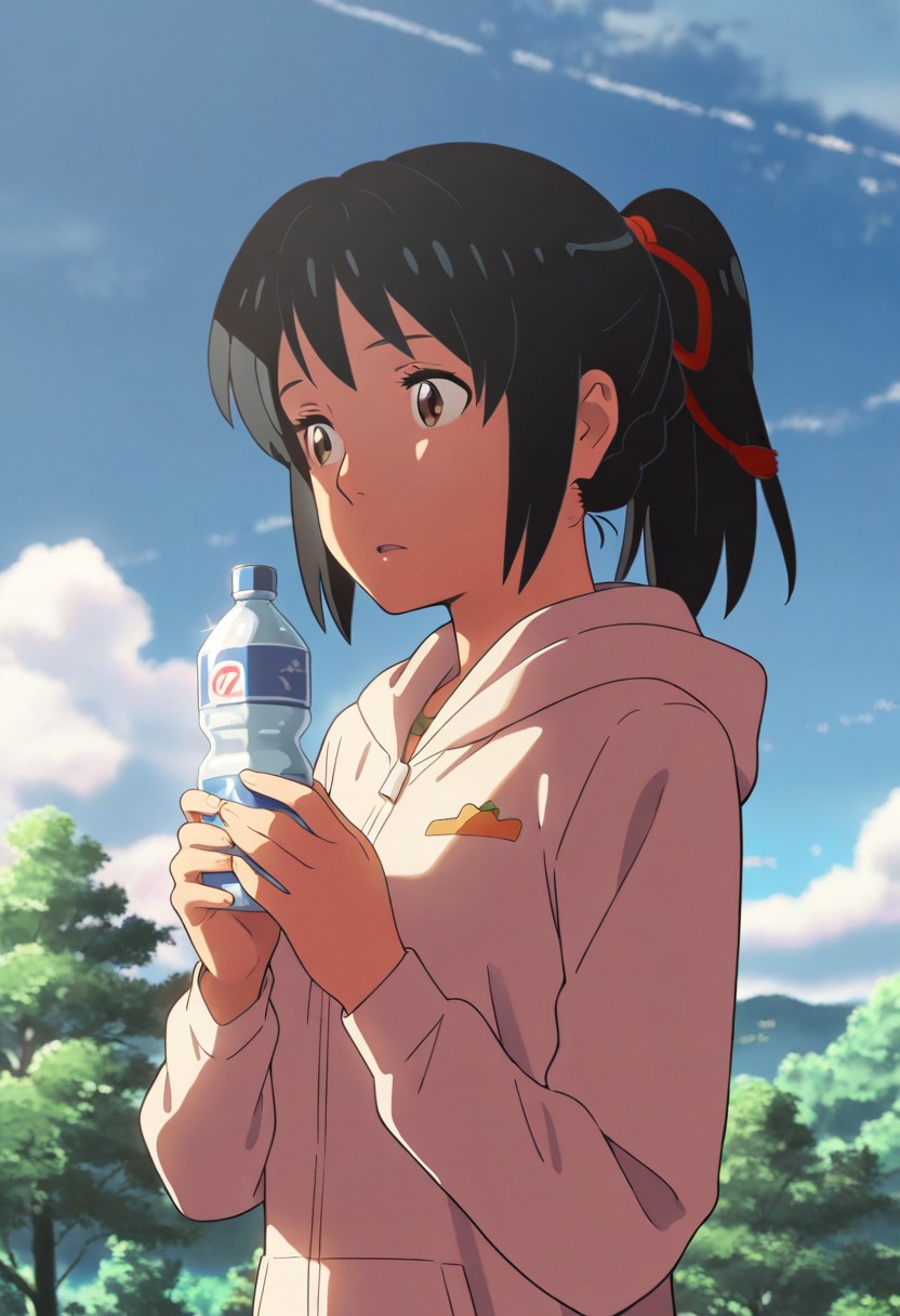 masterpiece,best quality,amazing quality, miyamizu mitsuha, black hair, brown eyes, 1girl, solo, sky, ponytail, cloud, hood, day, outdoors, holding, tree, upper body